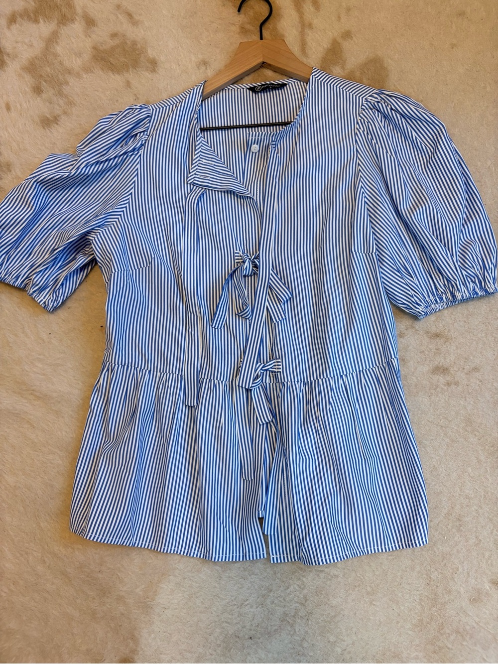 Striped Tie-Front Peplum Blouse in Blue and White